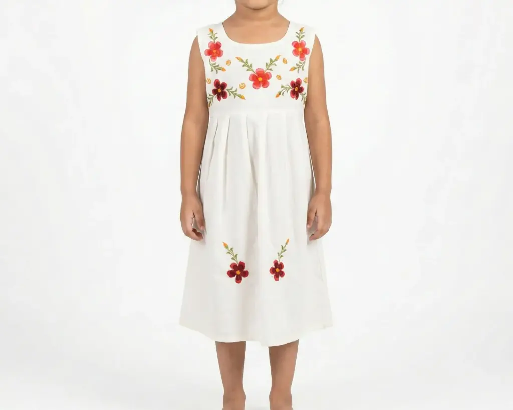[VES-LUNA-M7] Vestido infantil color beige con flores verdes y rojos