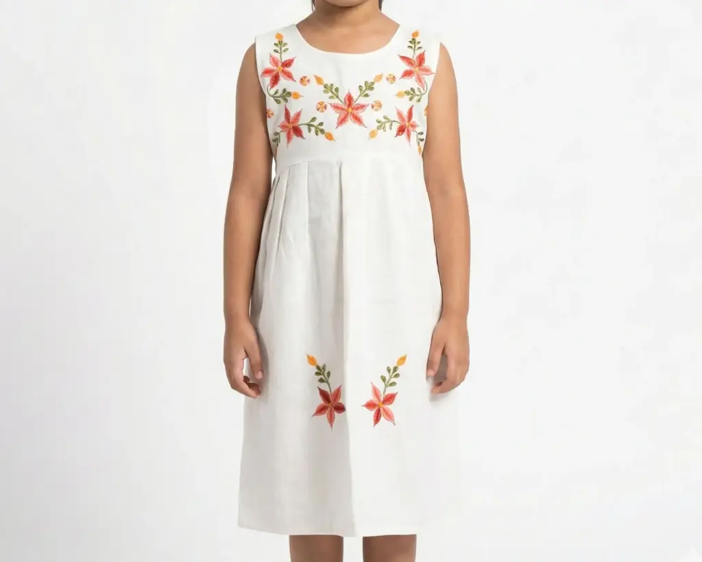 Vestido infantil color beige con flores color rosa y amarillo