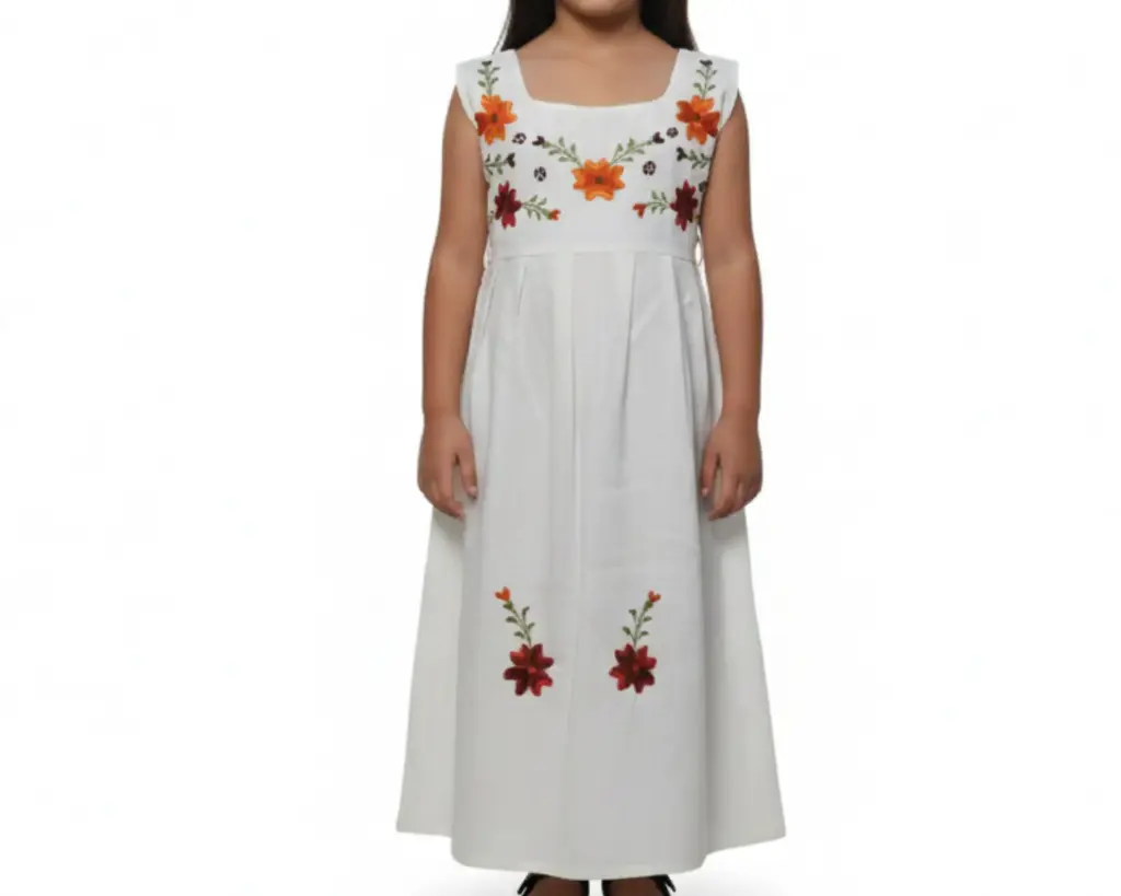 Vestido infantil color beige con flores color naranja y rojo 