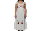 Vestido infantil color beige con flores color naranja y rojo 