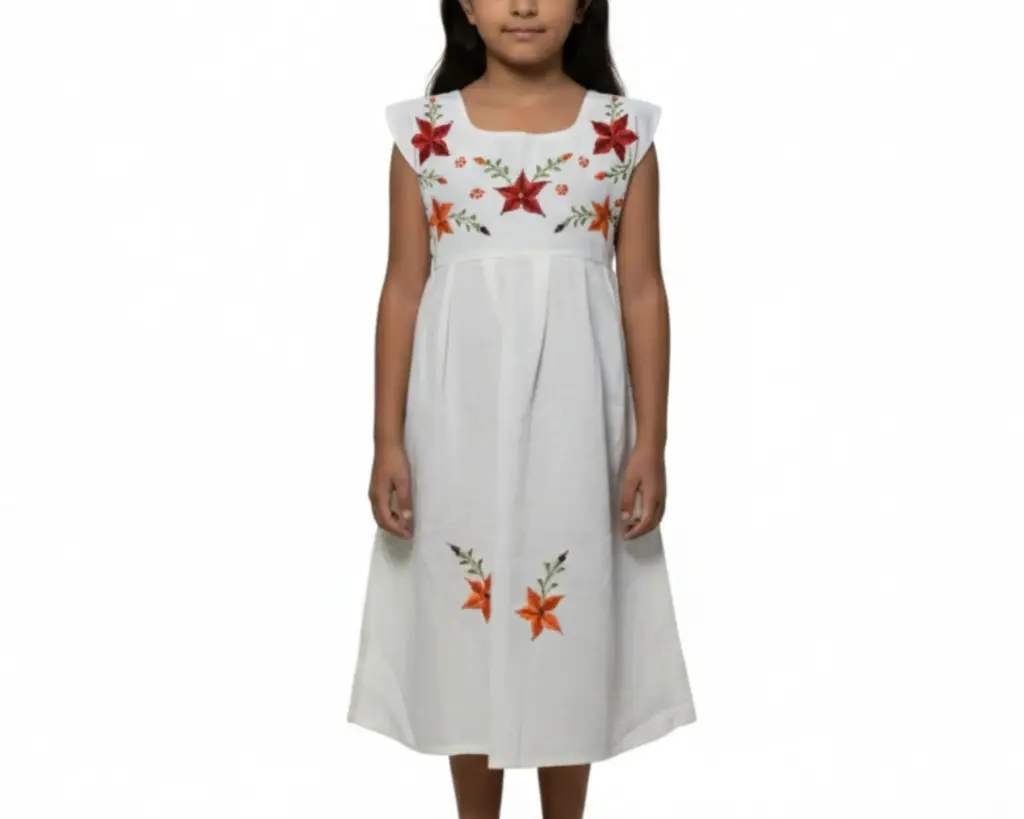 Vestido infantil color beige con flores color naranja y rojo 