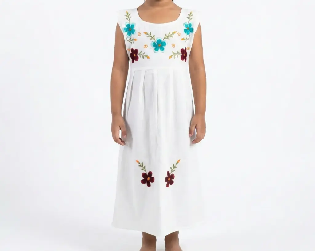 [VES-LUNA-M29] Vestido infantil color beige con flores color azul y rojo 