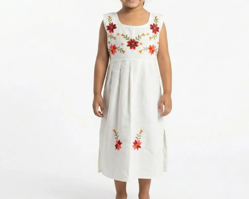 Vestido infantil color beige con flores rosas y naranjas