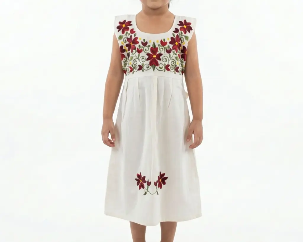 Vestido infantil color beige con flores color rojo