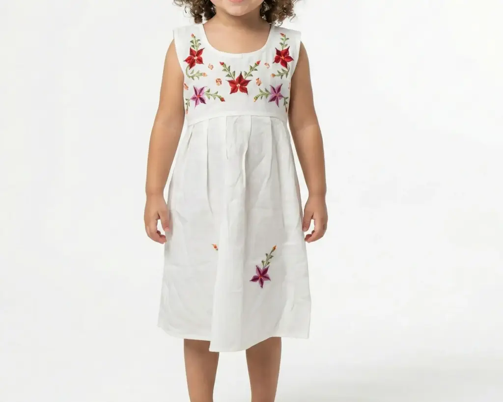 Vestido infantil color beige flores rojas y moradas