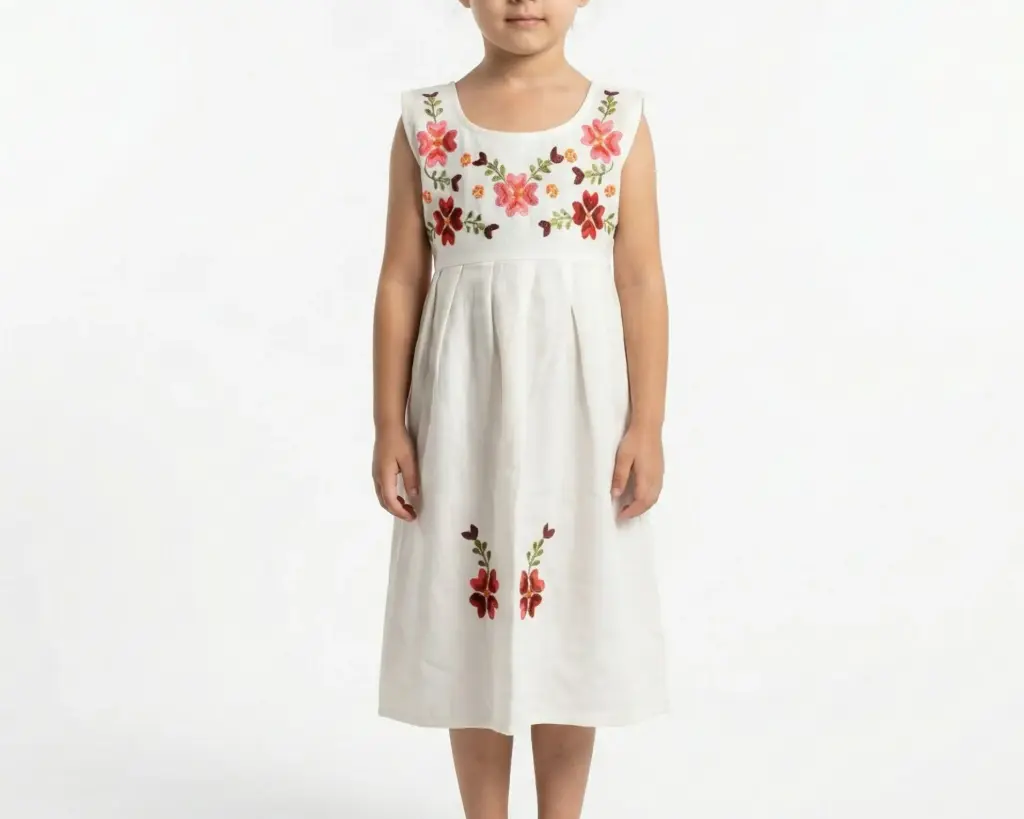 Vestido infantil color beige flores rosas y rojas