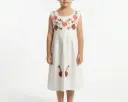Vestido infantil color beige flores rosas y rojas