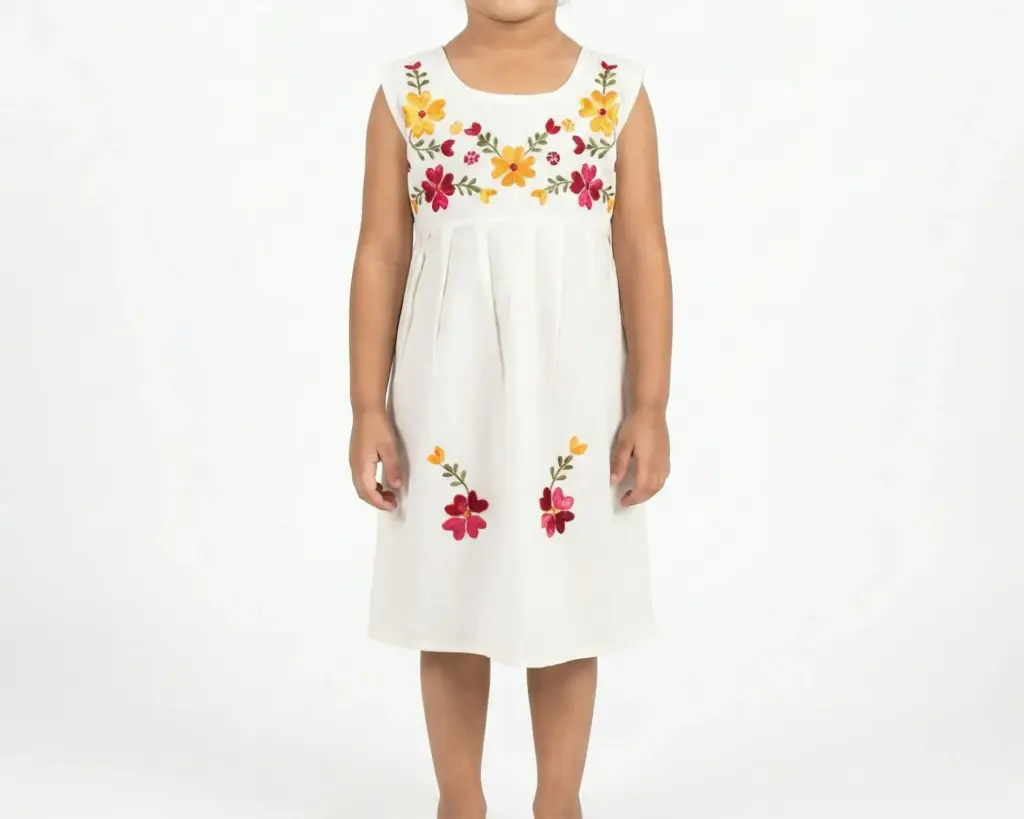 Vestido infantil color beige rosas y naranjas