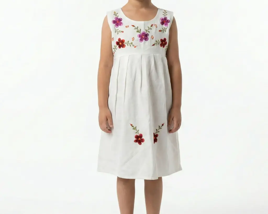 Vestido infantil color beige con flores color rosa y rojo 