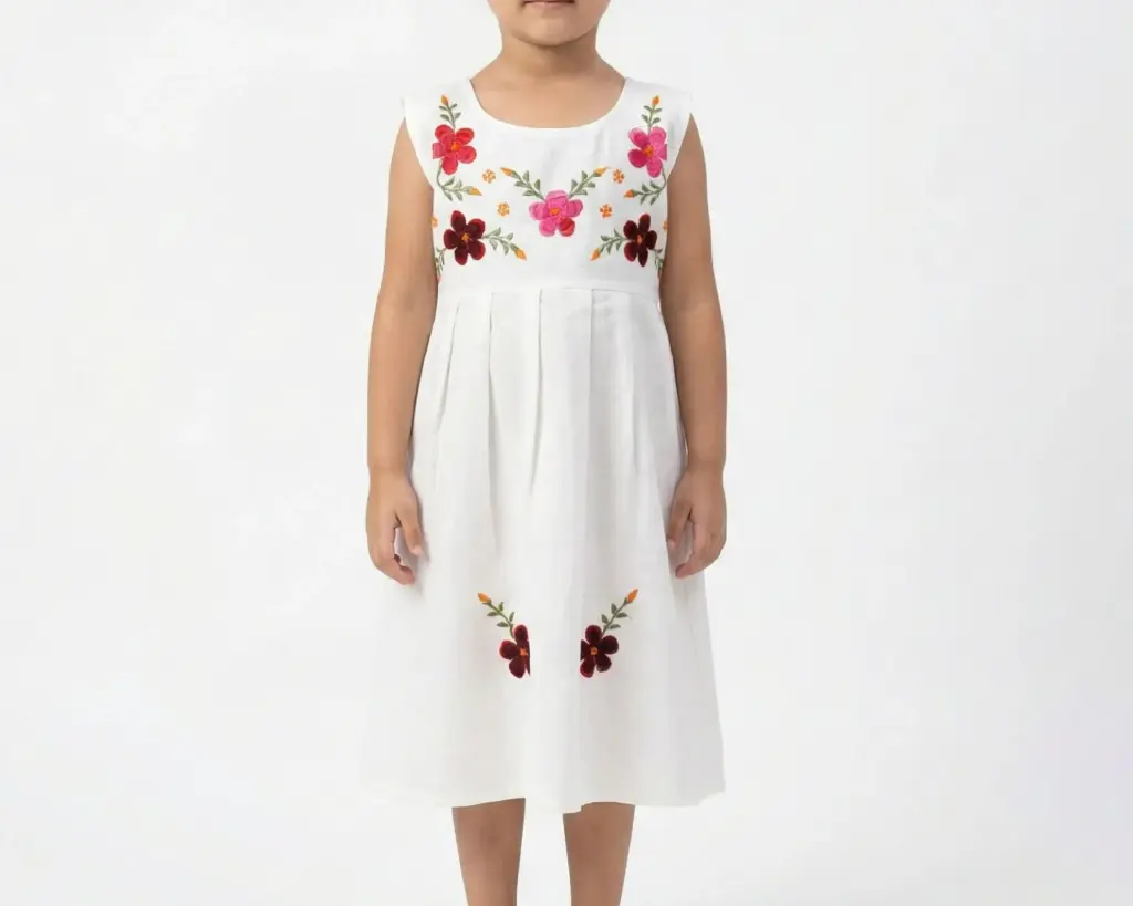 Vestido infantil color beige con flores naranja y rojo 