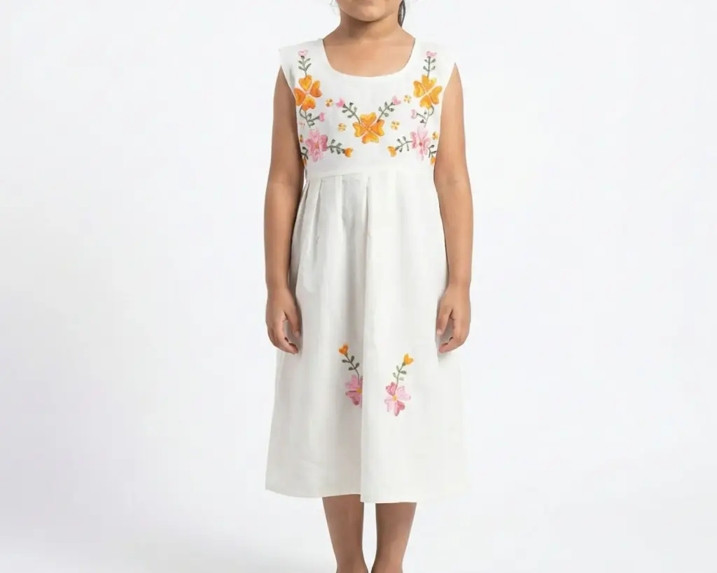 Vestido infantil color beige con flores amarillo y rosa 