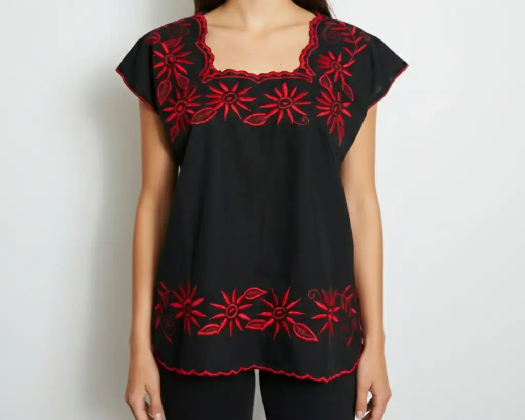 Blusa negra con flores rojas
