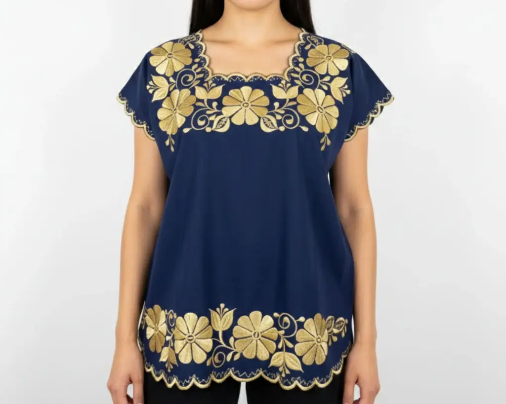 [BLS-CUARE-M3-34] Blusa azul con flores y rosas doradas 