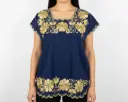 Blusa azul con flores y rosas doradas 