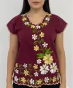 Blusa vino bordado flores doradas y hojas verdes