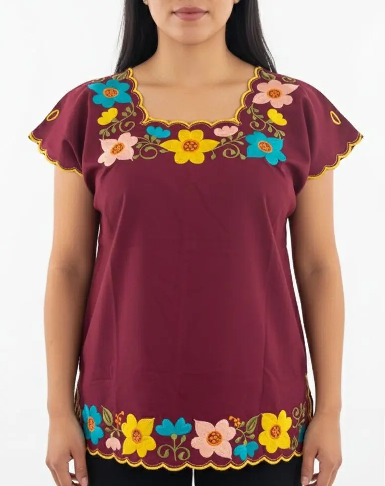 Blusa vino bordado amplio de flores doradas