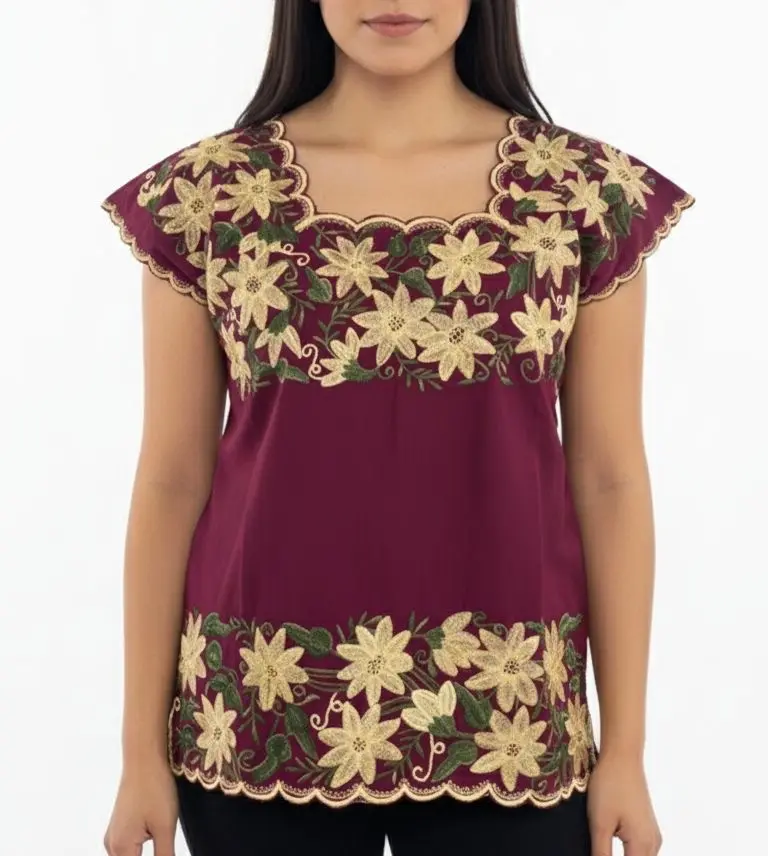Blusa vino bordado de flores doradas, blancas y raiz