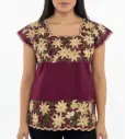 Blusa vino bordado de flores doradas, blancas y raiz