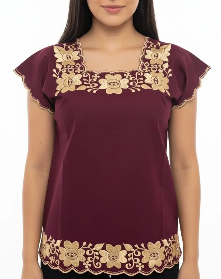 Blusa vino bordado con flores amarillas, salmón y azul