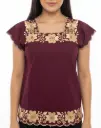 Blusa vino bordado con flores amarillas, salmón y azul