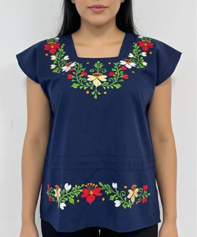 Blusa azul marino con flores varias