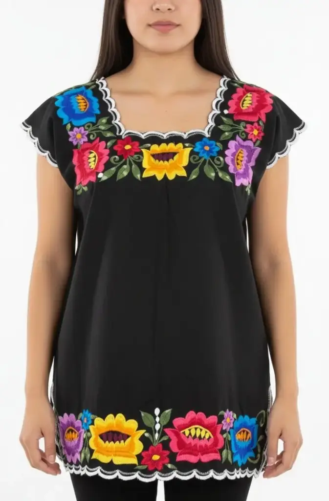 Blusa negra con flores varias