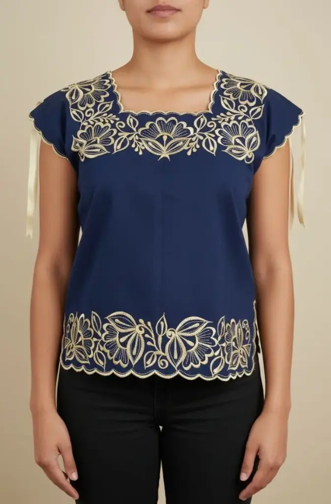 Blusa azul marino con flores amarillas