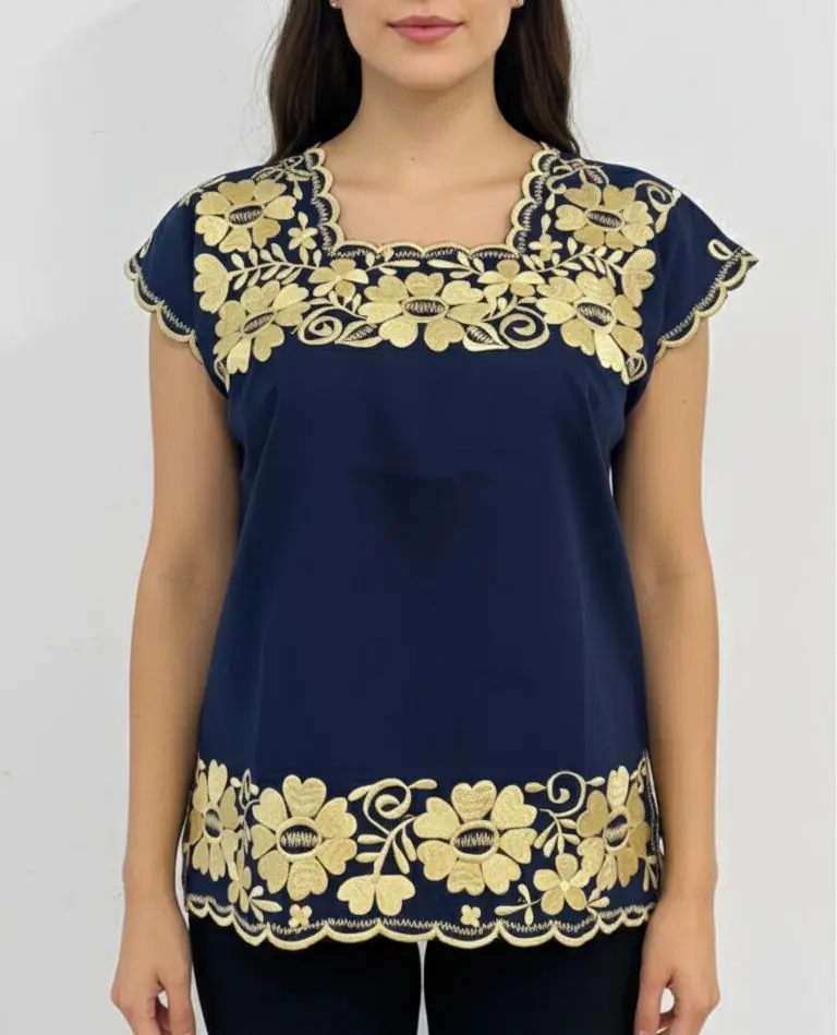Blusa azul marino con dorado flores grandes- enredadera