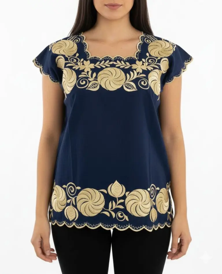 Blusa azul marino con flores circulares doradas