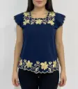 Blusa azul marino con flores y retoños dorados