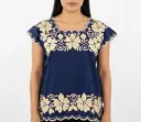 Blusa azul marino con flores doradas grandes