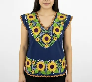 Blusa azul marino con girasoles y detalles en blanco con borde naranja