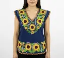 Blusa azul marino con girasoles y detalles en blanco con borde naranja