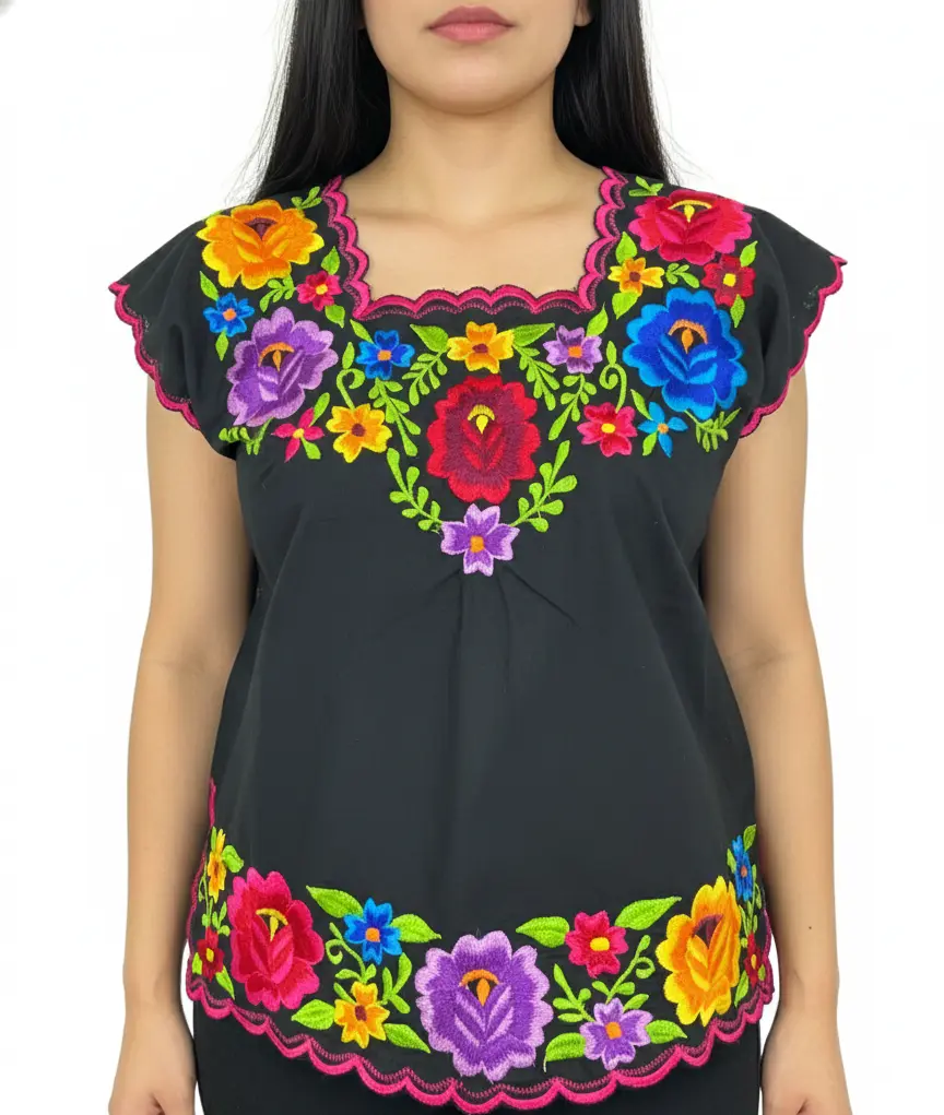 Blusa negra con flores bordadas y bordes rosados
