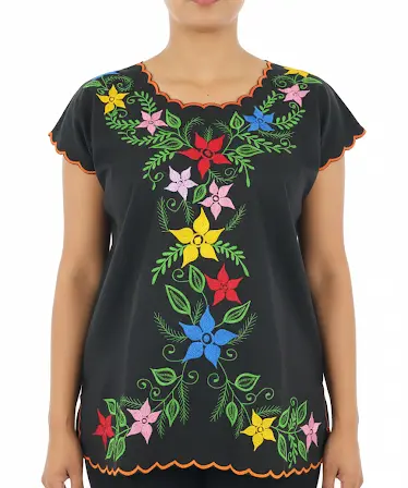 Blusa azul marino con bordes rojos y flores varias