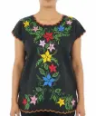Blusa azul marino con bordes rojos y flores varias