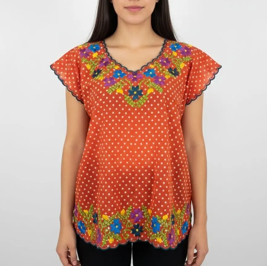 Blusa naranja puntos blancos bordes morados
