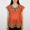 Blusa naranja puntos blancos bordes morados