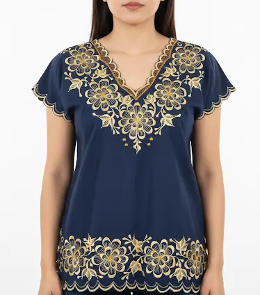 Blusa azul marino con detalle de flores y borde doradas 