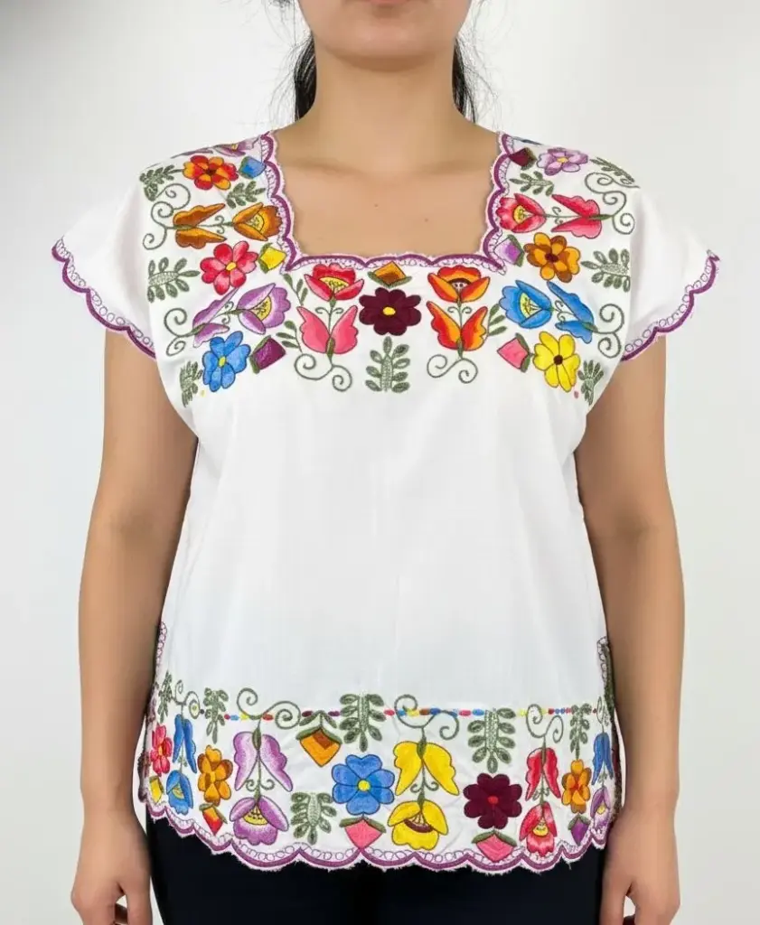 Blusa recta blanca bordado multicolor
