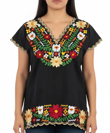 Blusa negra  con flores amarillas,rojas y blancas con borde dorado