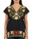 Blusa negra  con flores amarillas,rojas y blancas con borde dorado