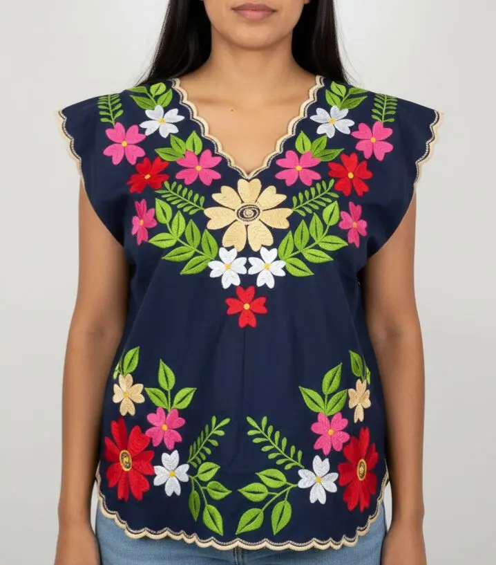 Blusa azul marino con flores multicolor bordadas