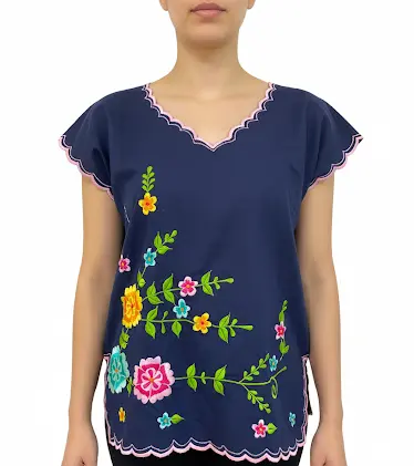 [BLS-VECU-M7] Blusa azul marino con flores de colores y bordes rosas