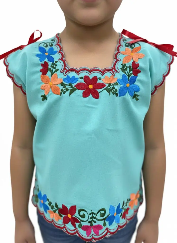 Blusa de niña menta con bordes rojos y flores coral, azul y rojo