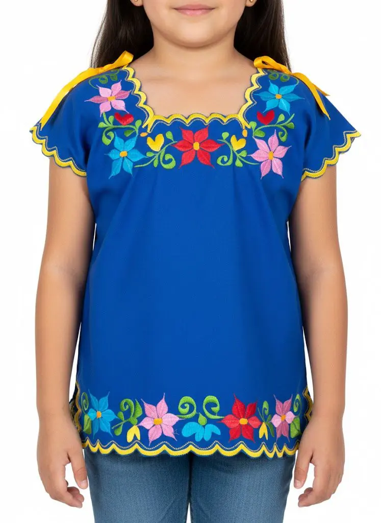 [BLS-MET-M5] Blusa de niña azul rey con bordes amarillos y flores rosas, azules y rojo