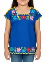 Blusa de niña azul rey con bordes amarillos y flores rosas, azules y rojo
