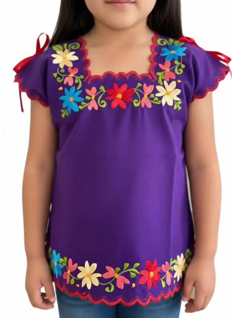 Blusa de niña morada con bordes rojos y flores beige, rojo y azul