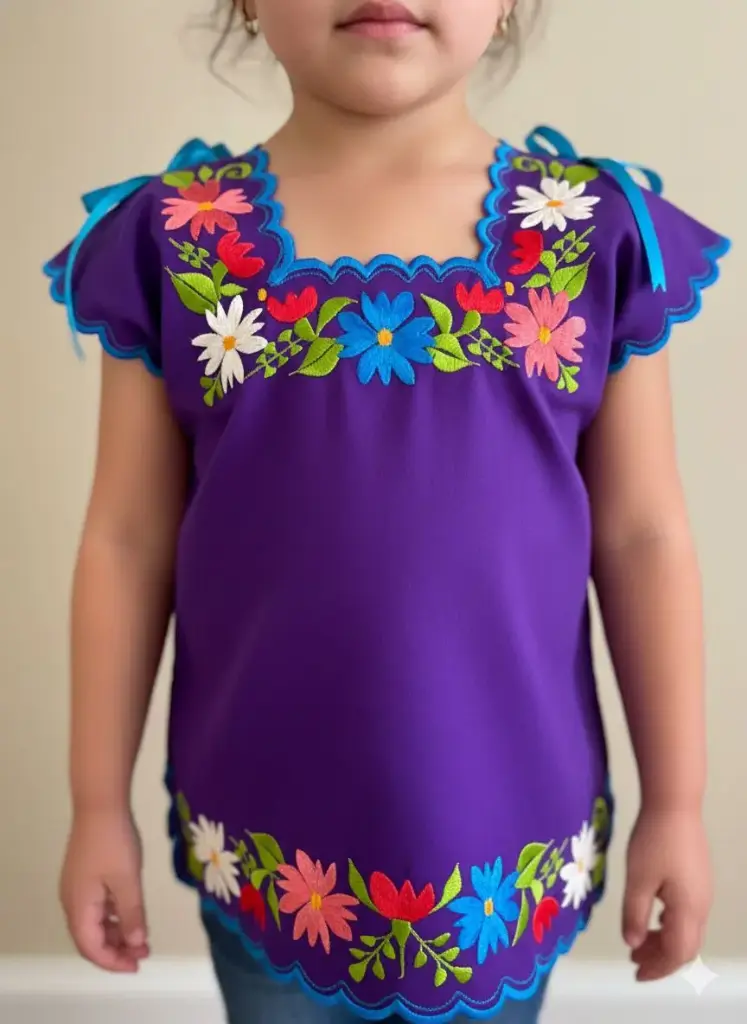 Blusa de niña morada con bordes azul y flores beige, azul y rosa coral