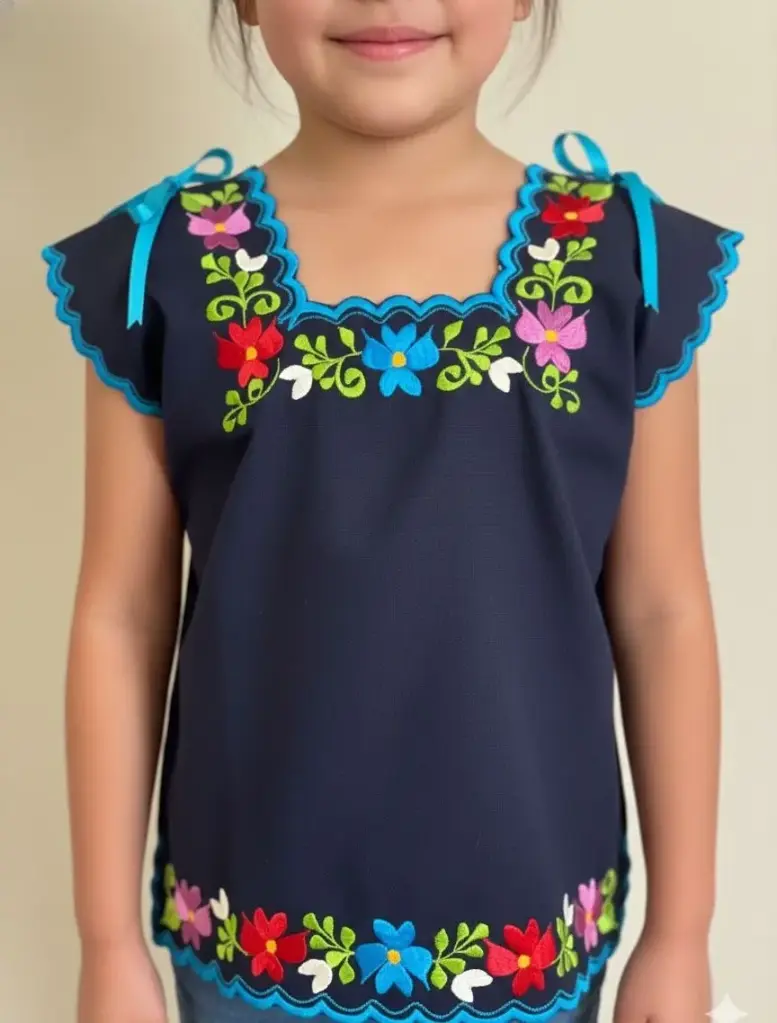 Blusa de niña azul marina con bordes azul y flores moradas, beige y azul